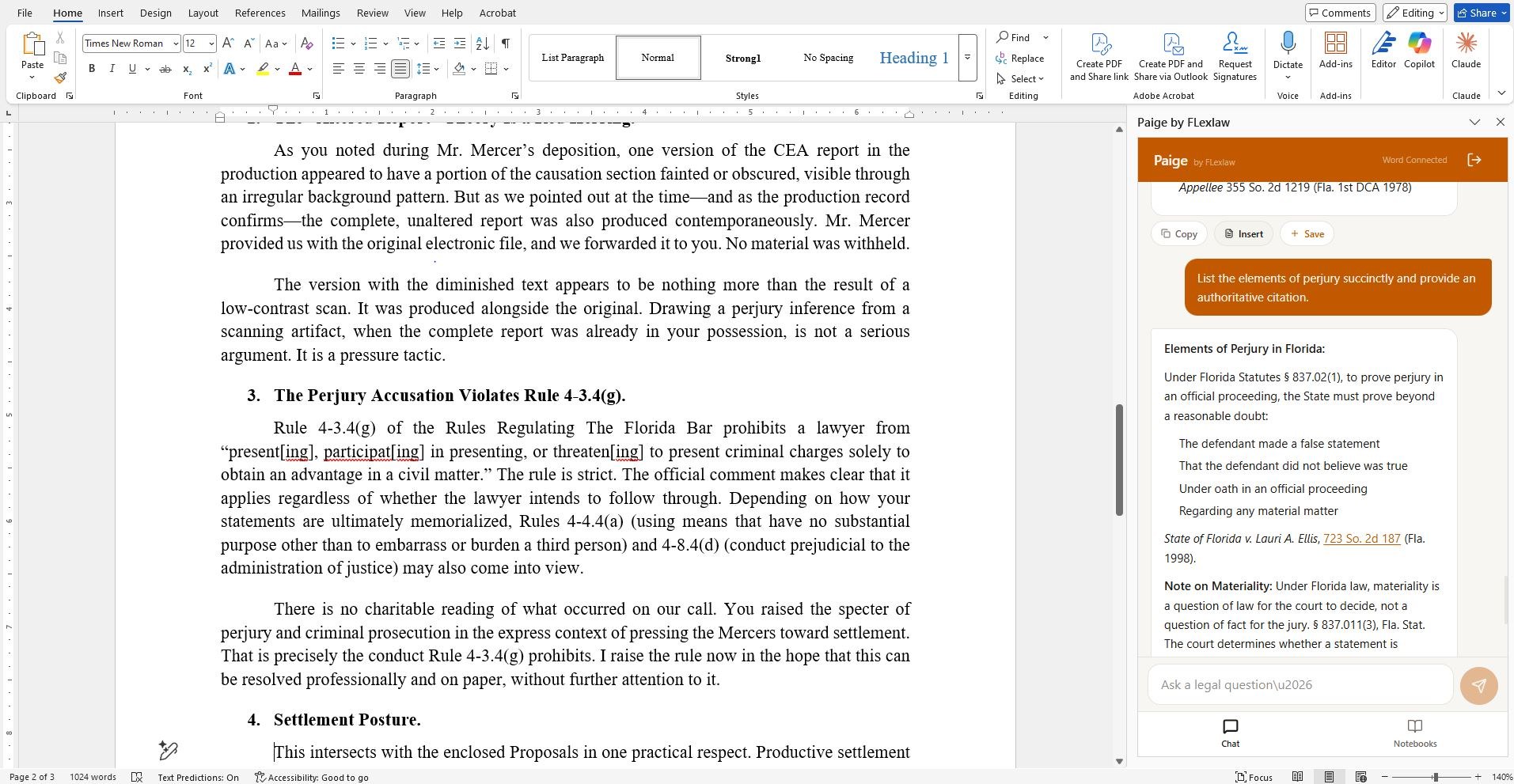 Paige panel open inside Microsoft Word, answering a query about the elements of perjury under Florida law with pincites to State of Florida v. Lauri A. Ellis, 723 So. 2d 187 (Fla. 1998) and Fla. Stat. § 837.011(3).