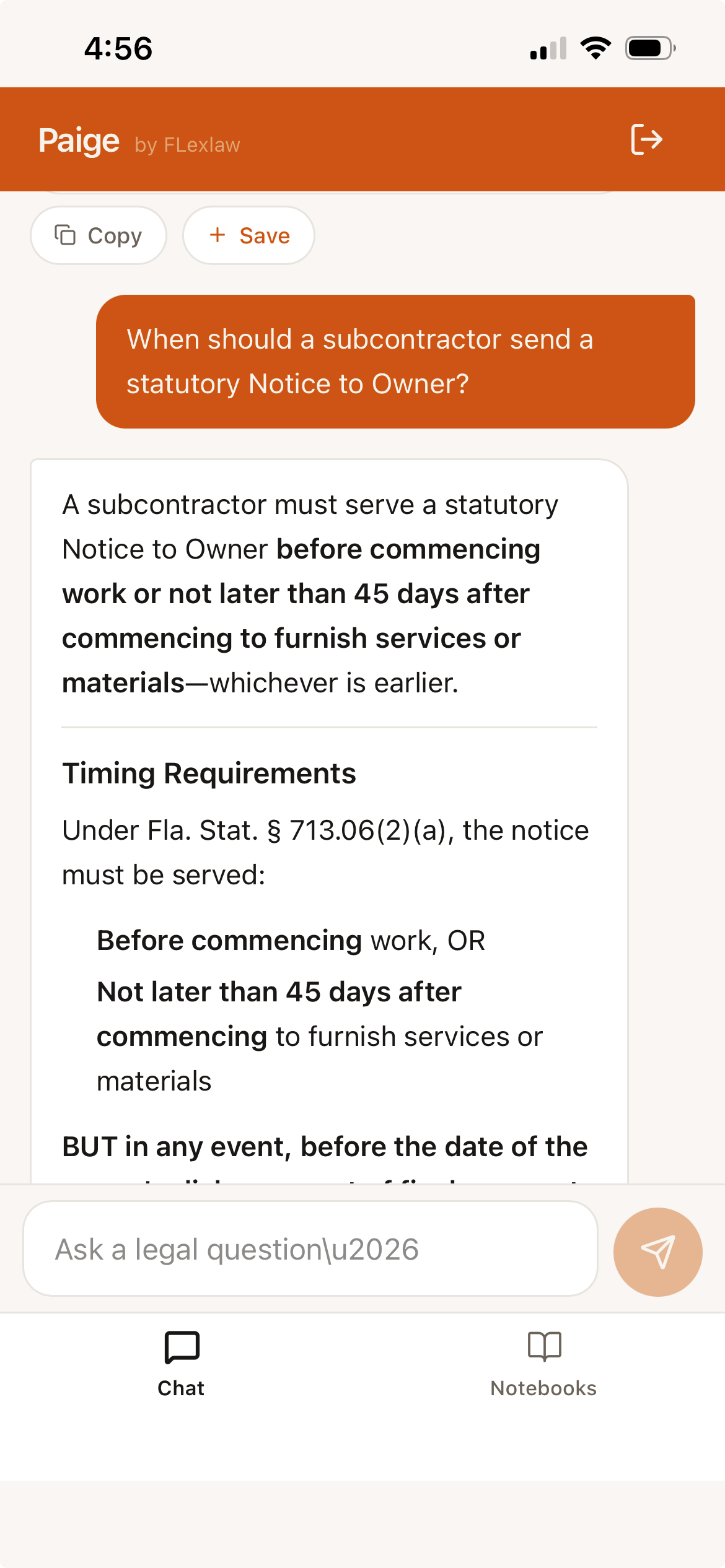 Paige mobile PWA on iPhone — a chat answer explaining that a subcontractor must serve a statutory Notice to Owner before commencing work or not later than 45 days after commencing to furnish services or materials under Fla. Stat. § 713.06(2)(a)